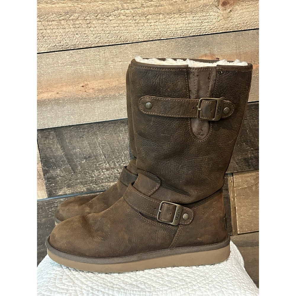 UGG Women 9 Sutter Moto Boot Mid Calf Brown Suede Shearling Lined Buckle 1005374
